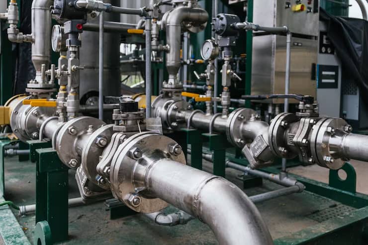 Stainless steel pump and valve manifold on a water supply skid